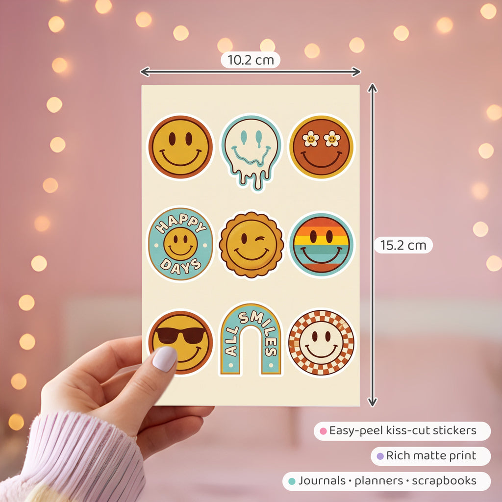 Retro Smiley Badge Stickers – 4x6 inch Cute Sticker Sheets (Pack of 4) | Smiley Badges for Journals, Planners, Reward Charts, School Projects & More