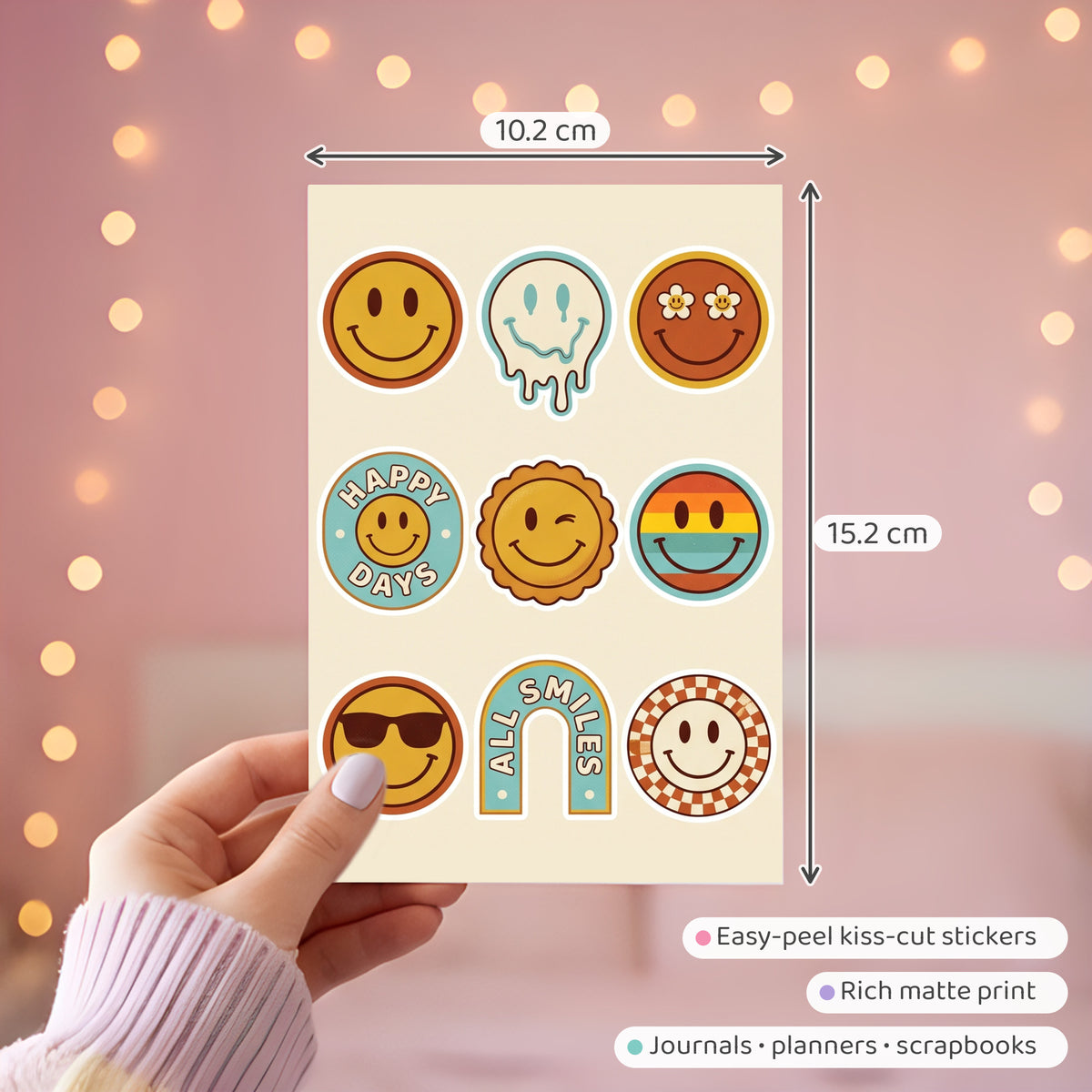 Retro Smiley Badge Stickers – 4x6 inch Cute Sticker Sheets (Pack of 4) | Smiley Badges for Journals, Planners, Reward Charts, School Projects & More
