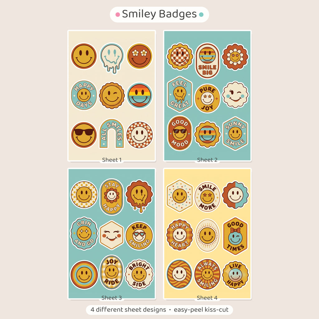 Retro Smiley Badge Stickers – 4x6 inch Cute Sticker Sheets (Pack of 4) | Smiley Badges for Journals, Planners, Reward Charts, School Projects & More