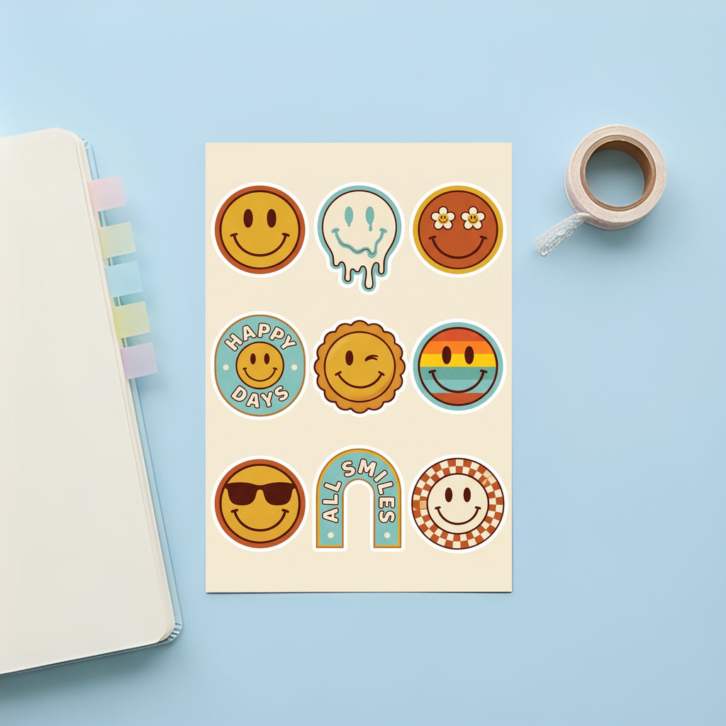 Retro Smiley Badge Stickers – 4x6 inch Cute Sticker Sheets (Pack of 4) | Smiley Badges for Journals, Planners, Reward Charts, School Projects & More