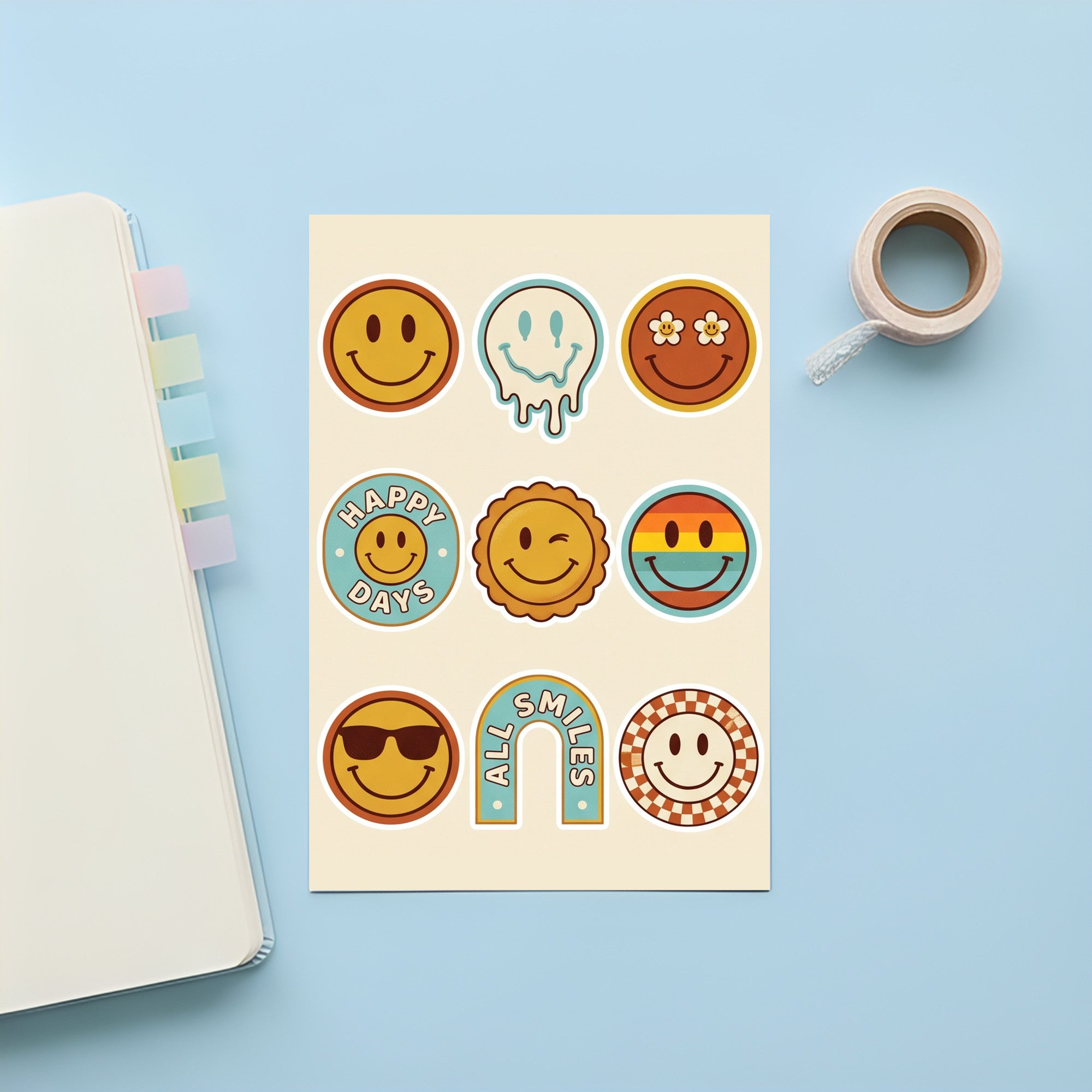Retro Smiley Badge Stickers – 4x6 inch Cute Sticker Sheets (Pack of 4) | Smiley Badges for Journals, Planners, Reward Charts, School Projects & More