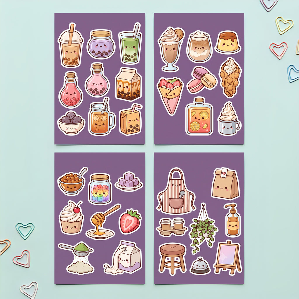 Kawaii Bubble Tea Boba Sticker Pack – 4x6 inch Cute Sticker Sheets (Pack of 4) | For Journals, Notebooks, Gift Wraps, Scrapbooks & More