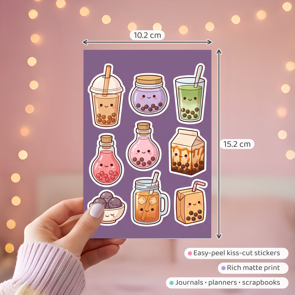 Kawaii Bubble Tea Boba Sticker Pack – 4x6 inch Cute Sticker Sheets (Pack of 4) | For Journals, Notebooks, Gift Wraps, Scrapbooks & More