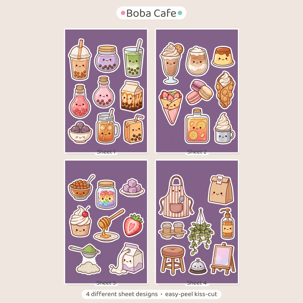 Kawaii Bubble Tea Boba Sticker Pack – 4x6 inch Cute Sticker Sheets (Pack of 4) | For Journals, Notebooks, Gift Wraps, Scrapbooks & More