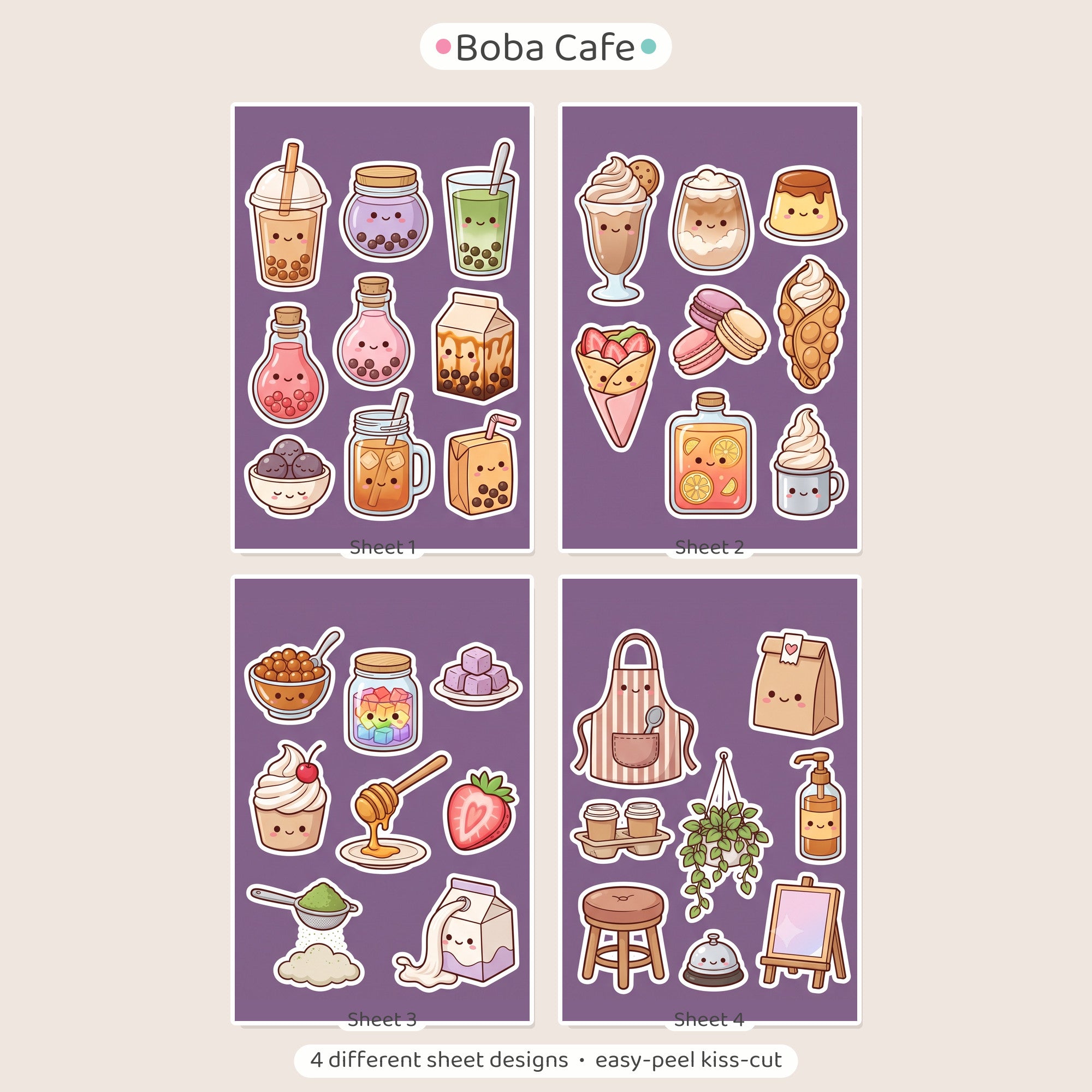 Kawaii Bubble Tea Boba Sticker Pack – 4x6 inch Cute Sticker Sheets (Pack of 4) | For Journals, Notebooks, Gift Wraps, Scrapbooks & More