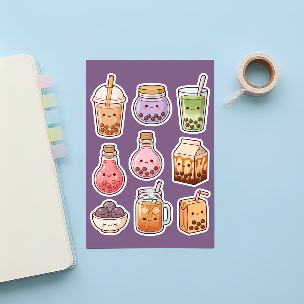 Kawaii Bubble Tea Boba Sticker Pack – 4x6 inch Cute Sticker Sheets (Pack of 4) | For Journals, Notebooks, Gift Wraps, Scrapbooks & More