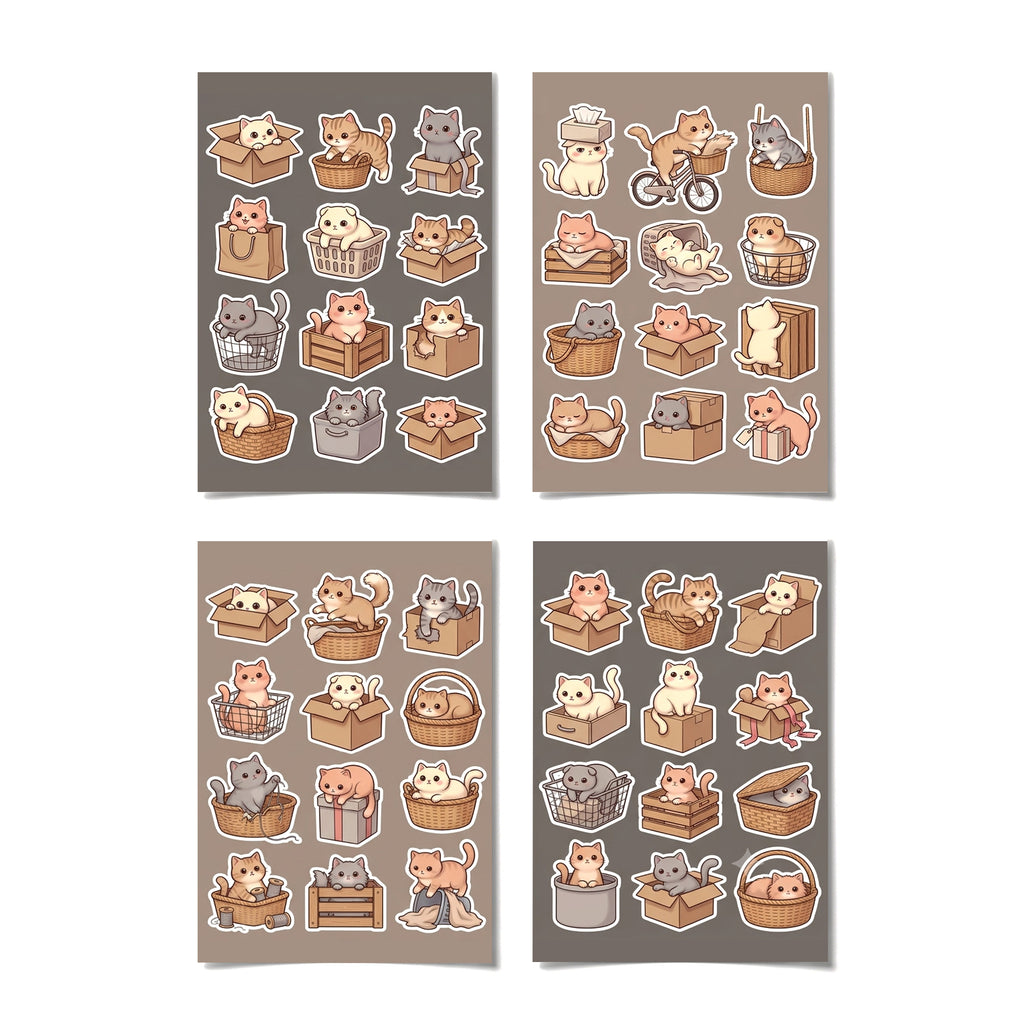 Kawaii Cats in Boxes Sticker Pack – 4x6 inch Aesthetic Sticker Sheets (Pack of 4) | Cute Kittens in Boxes for Journals, Scrapbooks & DIY Gifts