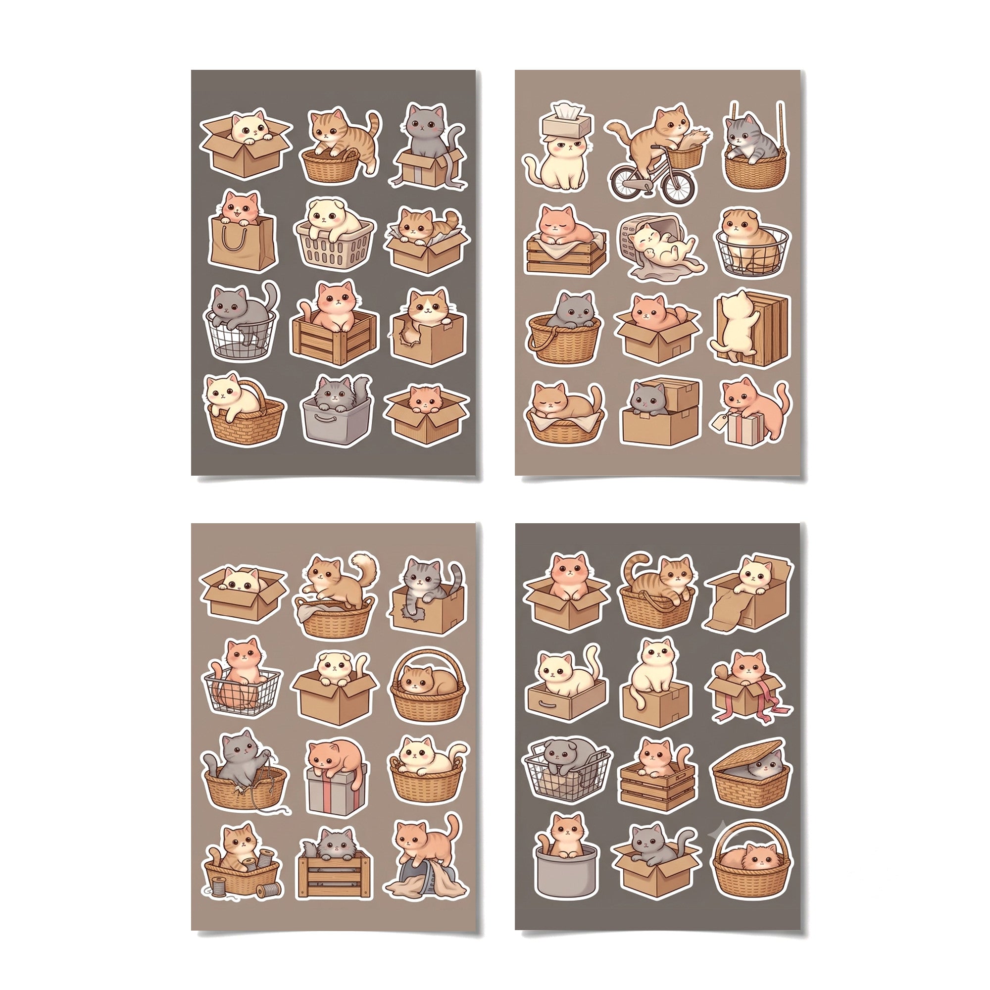Kawaii Cats in Boxes Sticker Pack – 4x6 inch Aesthetic Sticker Sheets (Pack of 4) | Cute Kittens in Boxes for Journals, Scrapbooks & DIY Gifts