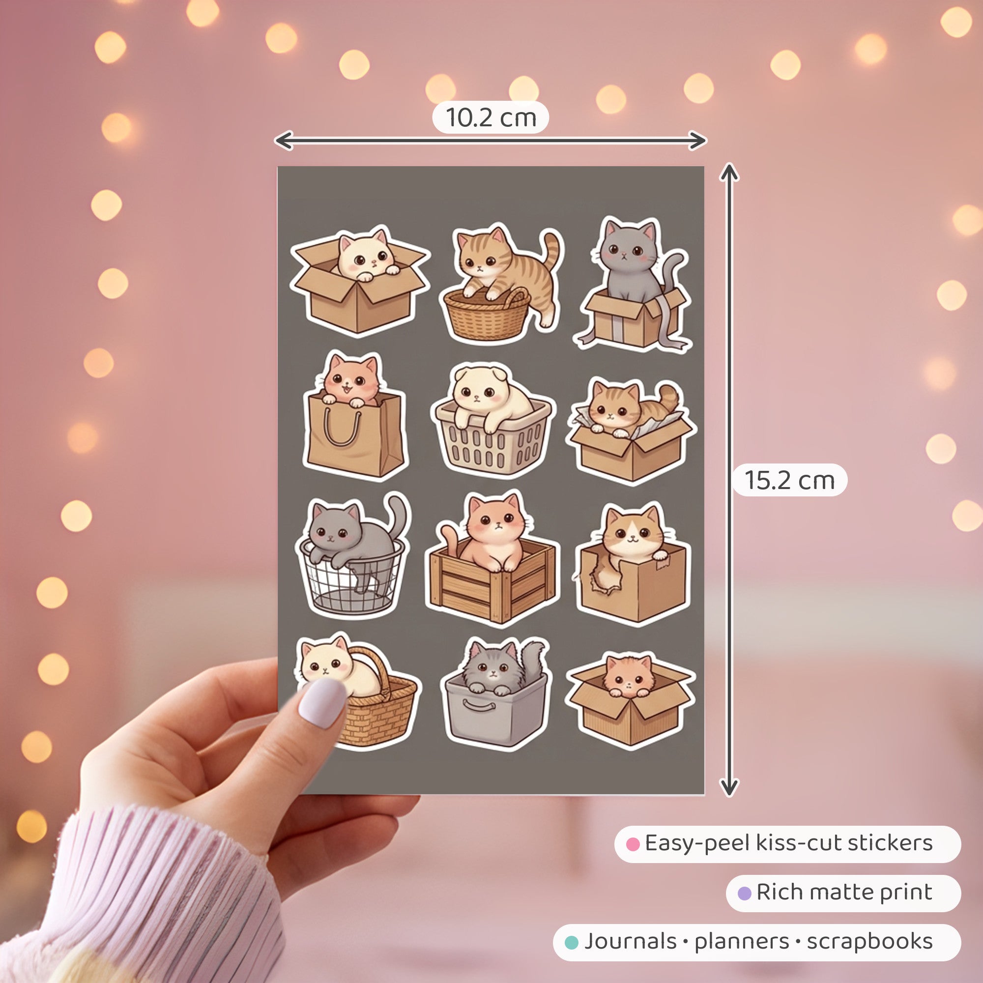 Kawaii Cats in Boxes Sticker Pack – 4x6 inch Aesthetic Sticker Sheets (Pack of 4) | Cute Kittens in Boxes for Journals, Scrapbooks & DIY Gifts