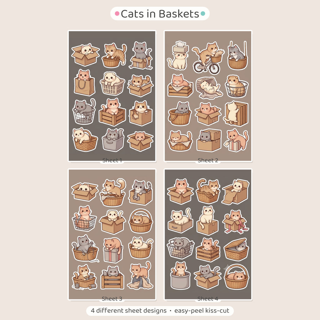 Kawaii Cats in Boxes Sticker Pack – 4x6 inch Aesthetic Sticker Sheets (Pack of 4) | Cute Kittens in Boxes for Journals, Scrapbooks & DIY Gifts