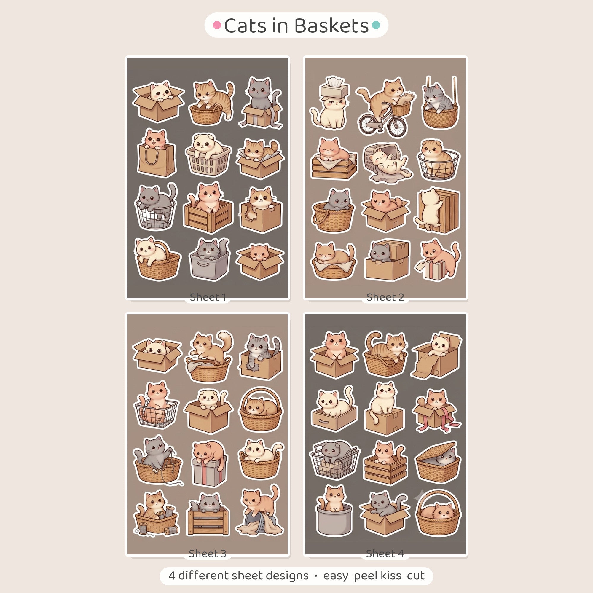 Kawaii Cats in Boxes Sticker Pack – 4x6 inch Aesthetic Sticker Sheets (Pack of 4) | Cute Kittens in Boxes for Journals, Scrapbooks & DIY Gifts