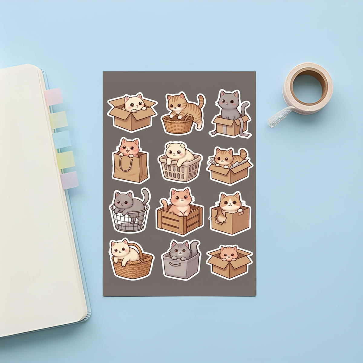 Kawaii Cats in Boxes Sticker Pack – 4x6 inch Aesthetic Sticker Sheets (Pack of 4) | Cute Kittens in Boxes for Journals, Scrapbooks & DIY Gifts