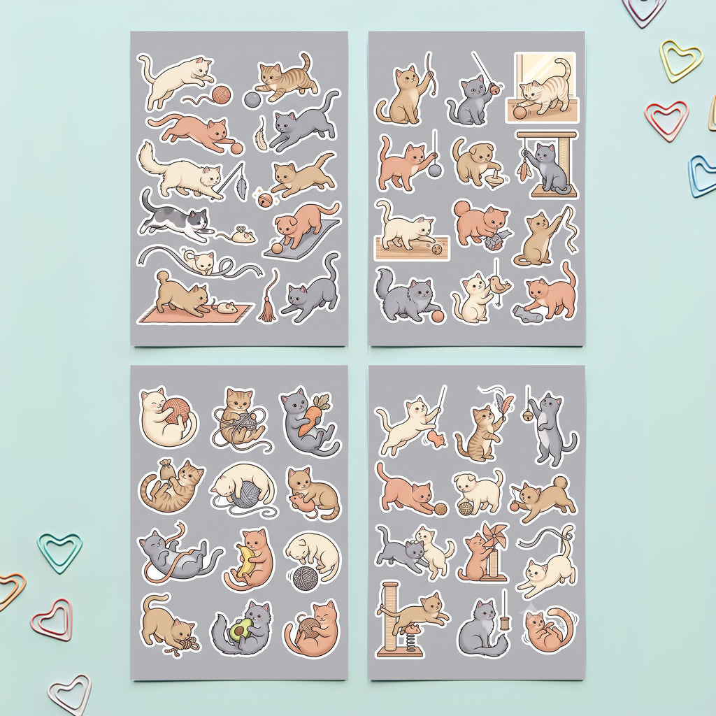Kawaii Playful Cat Stickers – 4x6 inch Cute Sticker Sheets (Pack of 4) | For Journals, Planners, Reward Charts, School Projects & More