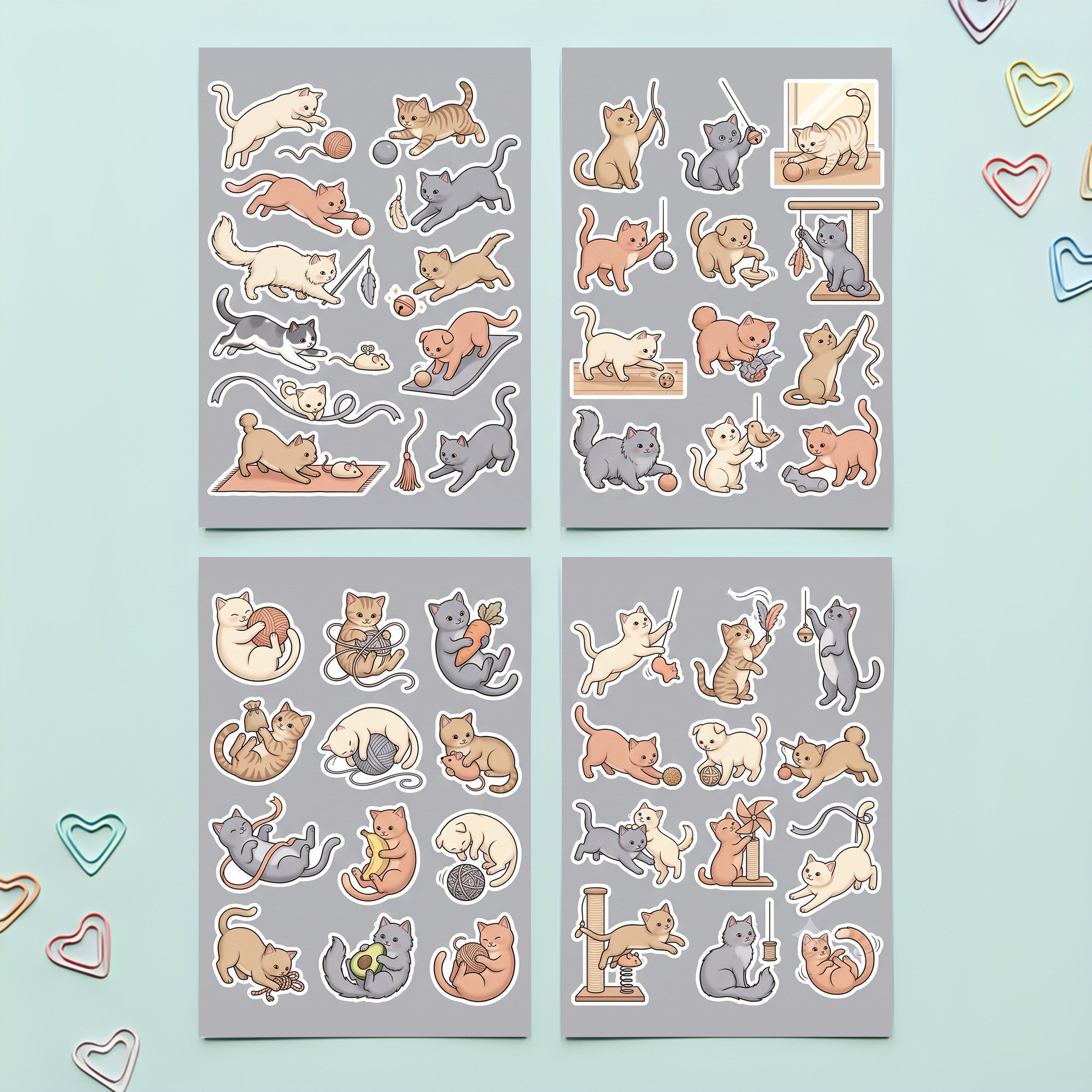 Kawaii Playful Cat Stickers – 4x6 inch Cute Sticker Sheets (Pack of 4) | For Journals, Planners, Reward Charts, School Projects & More