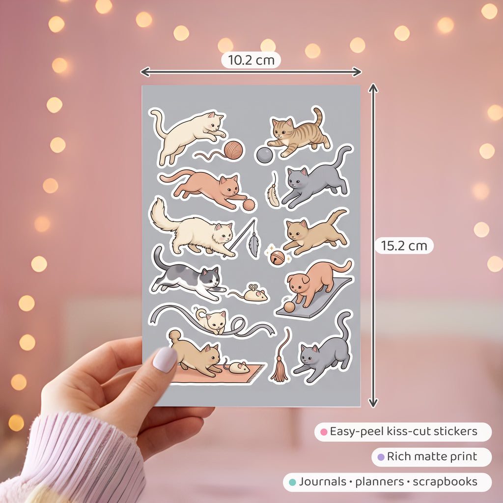 Kawaii Playful Cat Stickers – 4x6 inch Cute Sticker Sheets (Pack of 4) | For Journals, Planners, Reward Charts, School Projects & More