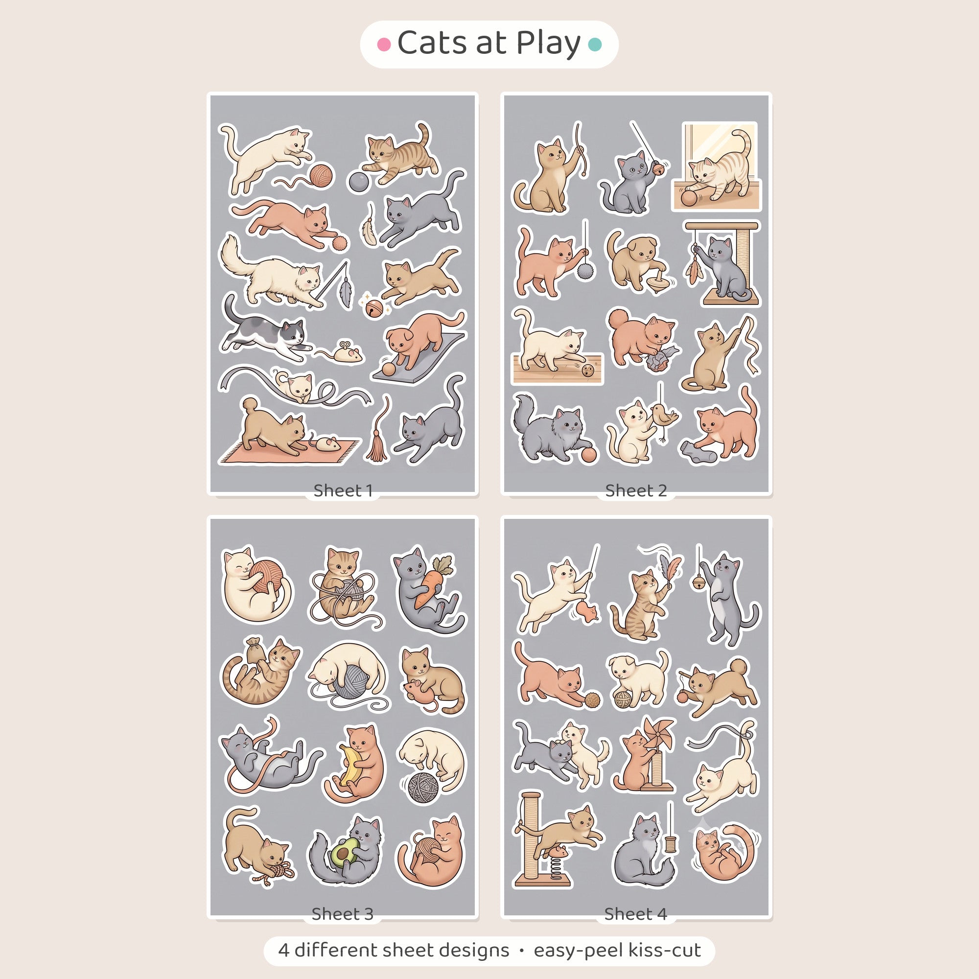 Kawaii Playful Cat Stickers – 4x6 inch Cute Sticker Sheets (Pack of 4) | For Journals, Planners, Reward Charts, School Projects & More