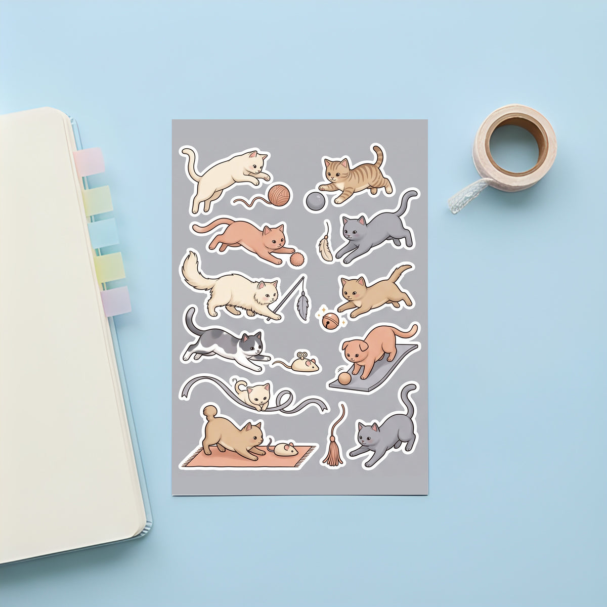 Kawaii Playful Cat Stickers – 4x6 inch Cute Sticker Sheets (Pack of 4) | For Journals, Planners, Reward Charts, School Projects & More
