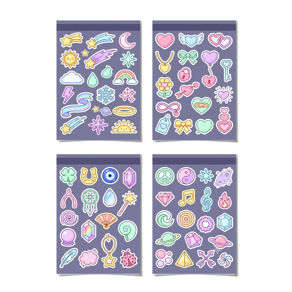 Kawaii Celestial Mini Stickers – 4x6 inch Aesthetic Sticker Sheets (Pack of 4) | Cute Stars, Moons & Rainbows for Journals, Planners & Reward Charts