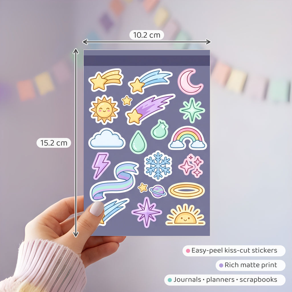 Kawaii Celestial Mini Stickers – 4x6 inch Aesthetic Sticker Sheets (Pack of 4) | Cute Stars, Moons & Rainbows for Journals, Planners & Reward Charts