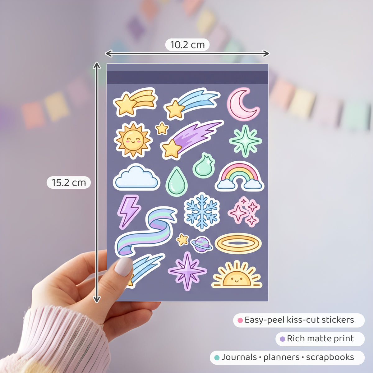 Kawaii Celestial Mini Stickers – 4x6 inch Aesthetic Sticker Sheets (Pack of 4) | Cute Stars, Moons & Rainbows for Journals, Planners & Reward Charts