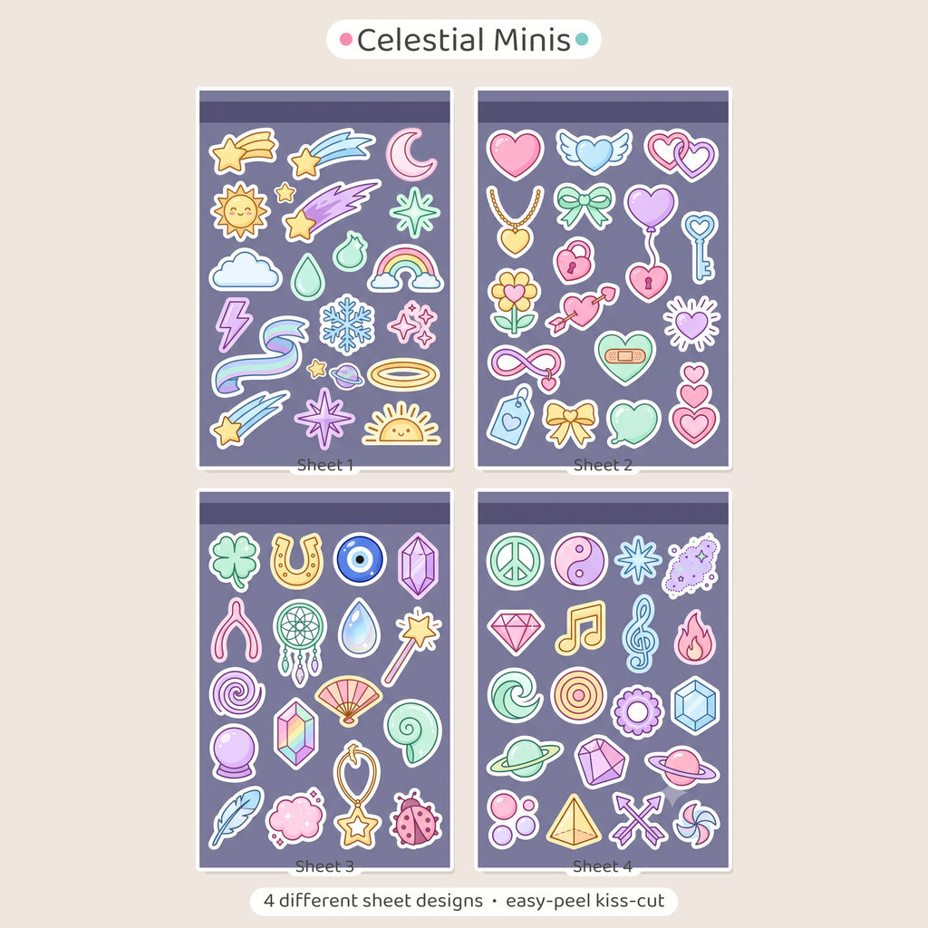 Kawaii Celestial Mini Stickers – 4x6 inch Aesthetic Sticker Sheets (Pack of 4) | Cute Stars, Moons & Rainbows for Journals, Planners & Reward Charts