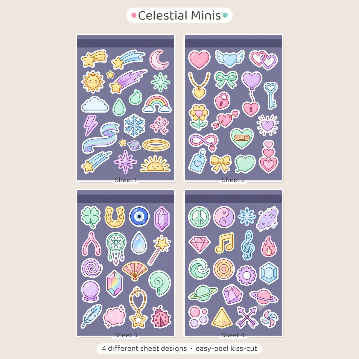 Kawaii Celestial Mini Stickers – 4x6 inch Aesthetic Sticker Sheets (Pack of 4) | Cute Stars, Moons & Rainbows for Journals, Planners & Reward Charts