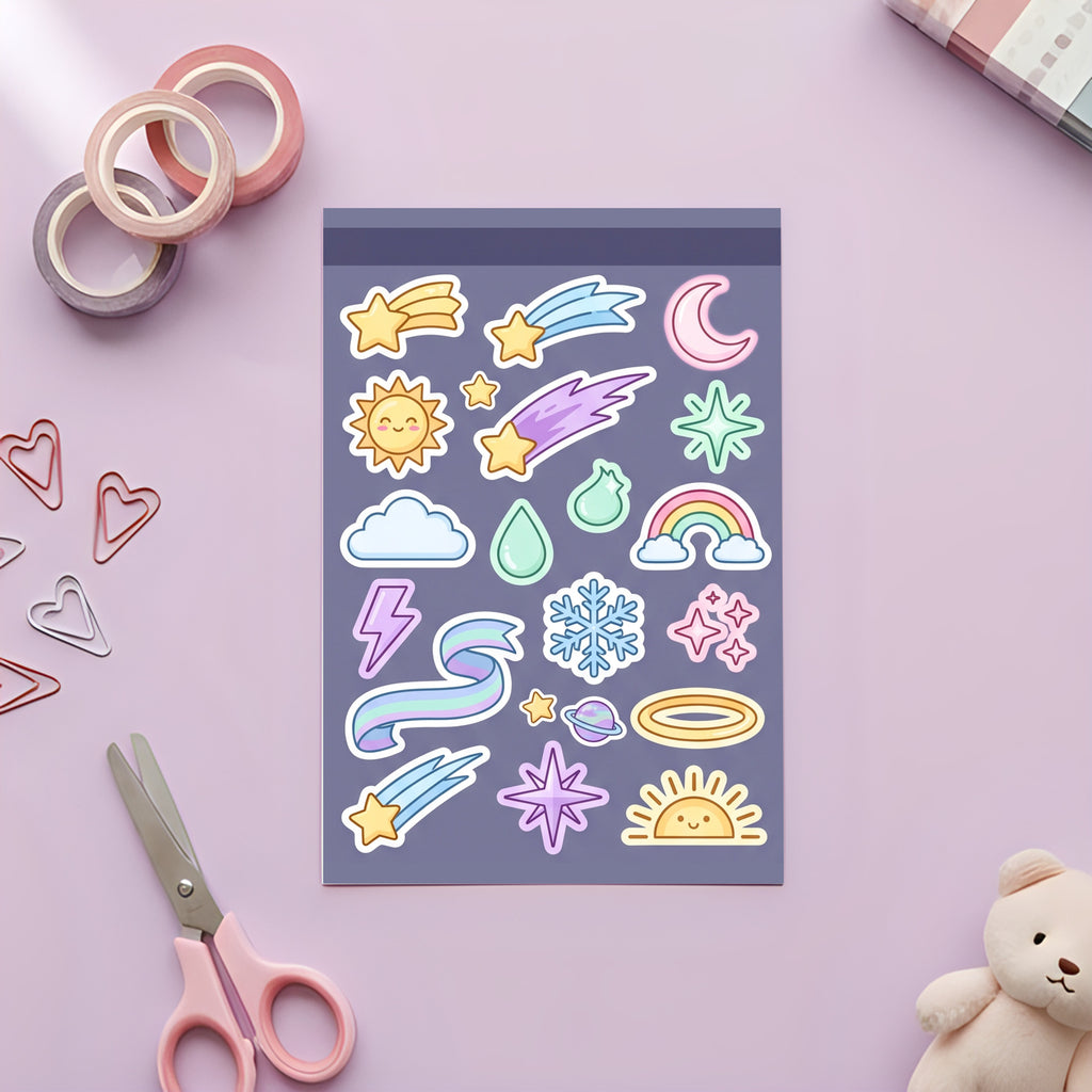 Kawaii Celestial Mini Stickers – 4x6 inch Aesthetic Sticker Sheets (Pack of 4) | Cute Stars, Moons & Rainbows for Journals, Planners & Reward Charts