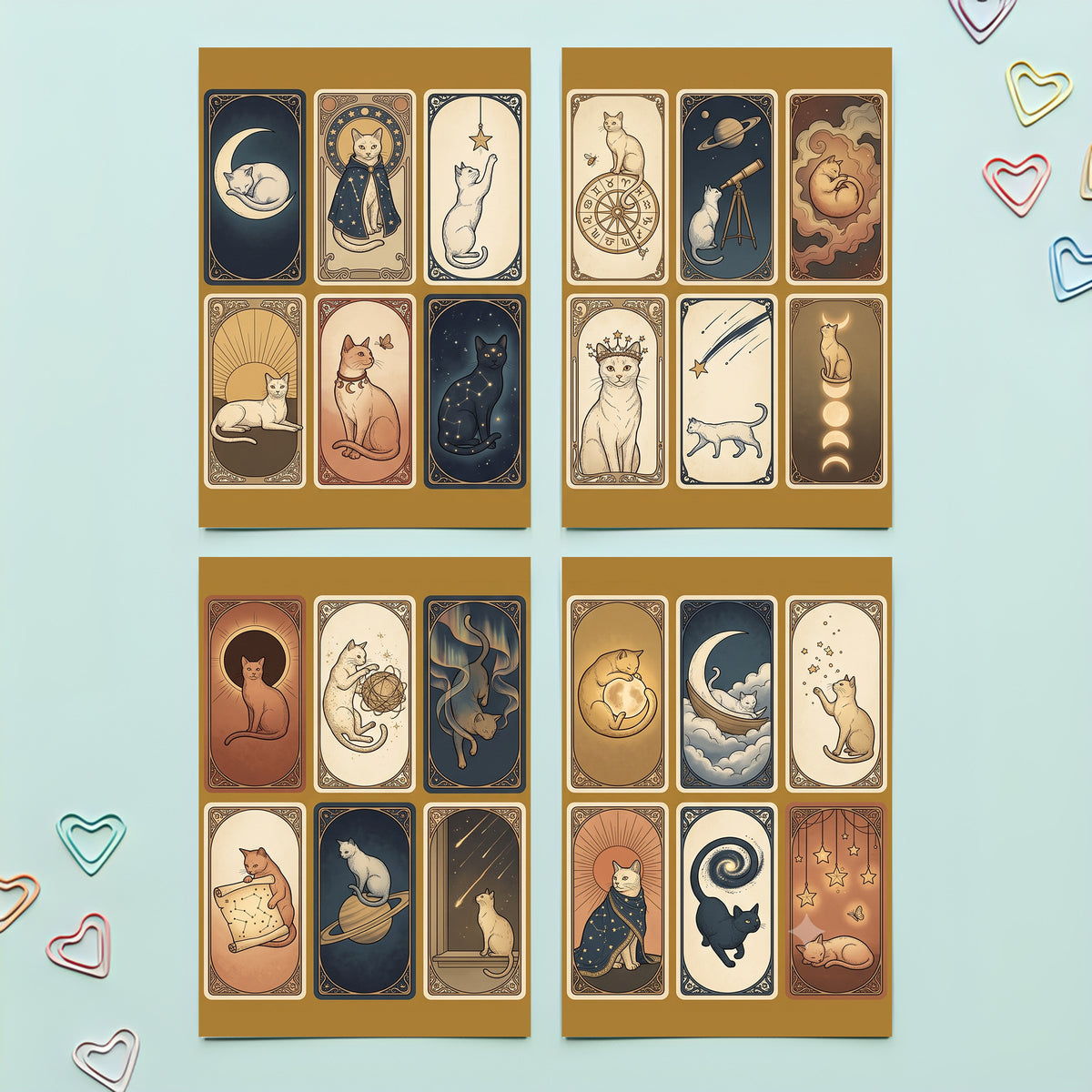 Vintage Celestial Cat Sticker Cards – 4x6 inch Aesthetic Sticker Sheets (Pack of 4) | For Journals, Notebooks, Gift Wraps, Planners, Diaries & More