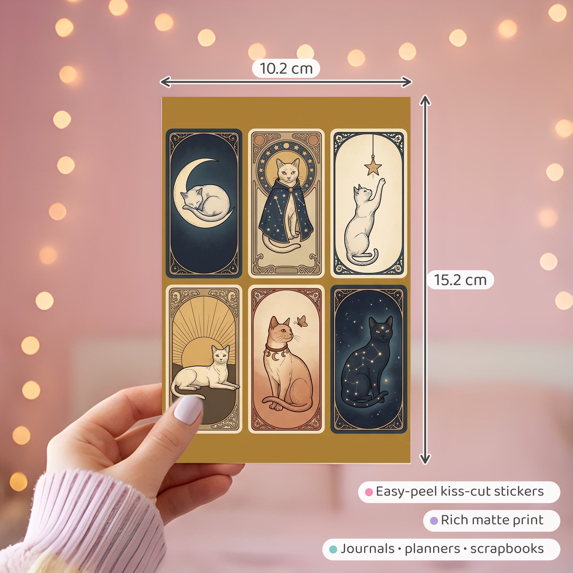 Vintage Celestial Cat Sticker Cards – 4x6 inch Aesthetic Sticker Sheets (Pack of 4) | For Journals, Notebooks, Gift Wraps, Planners, Diaries & More