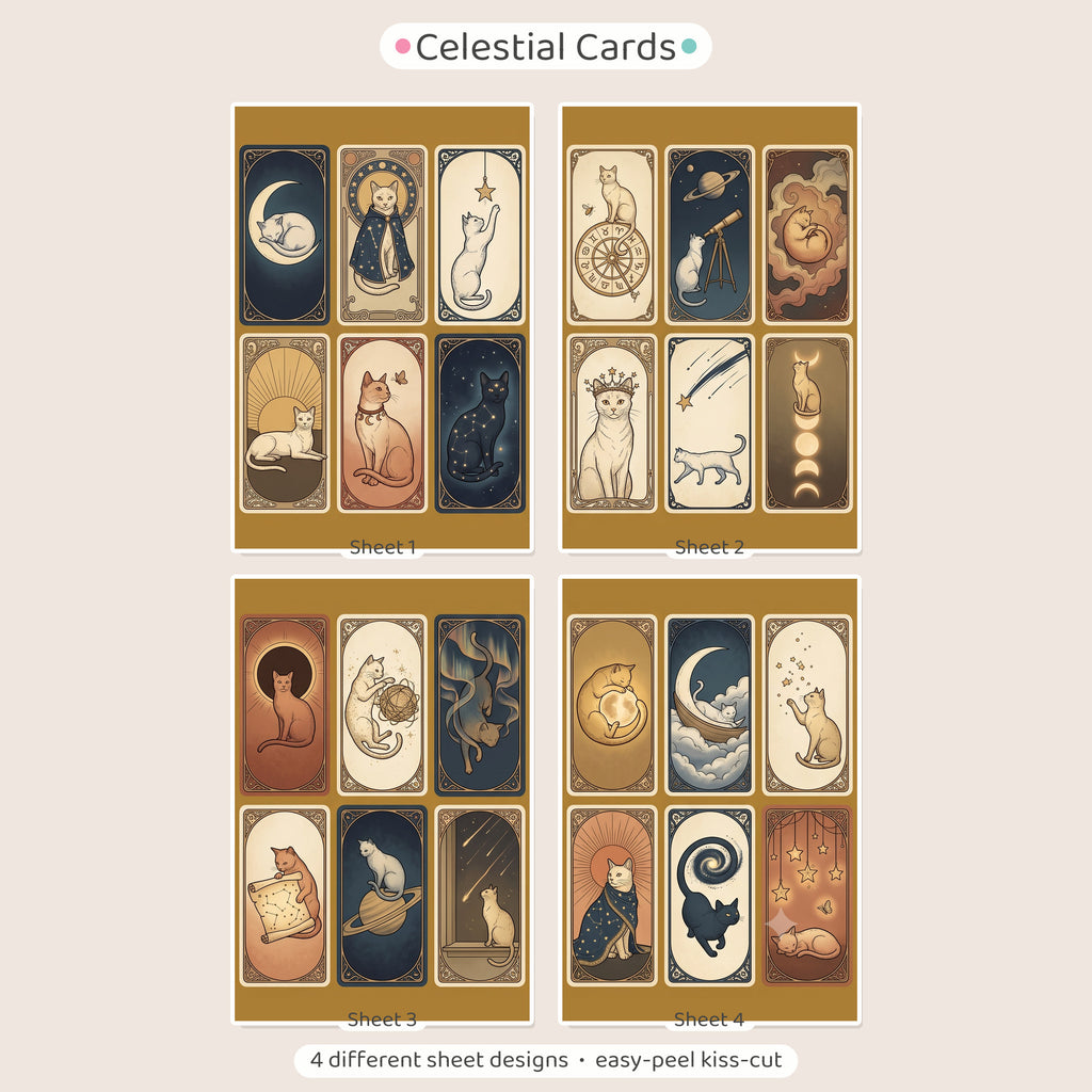 Vintage Celestial Cat Sticker Cards – 4x6 inch Aesthetic Sticker Sheets (Pack of 4) | For Journals, Notebooks, Gift Wraps, Planners, Diaries & More