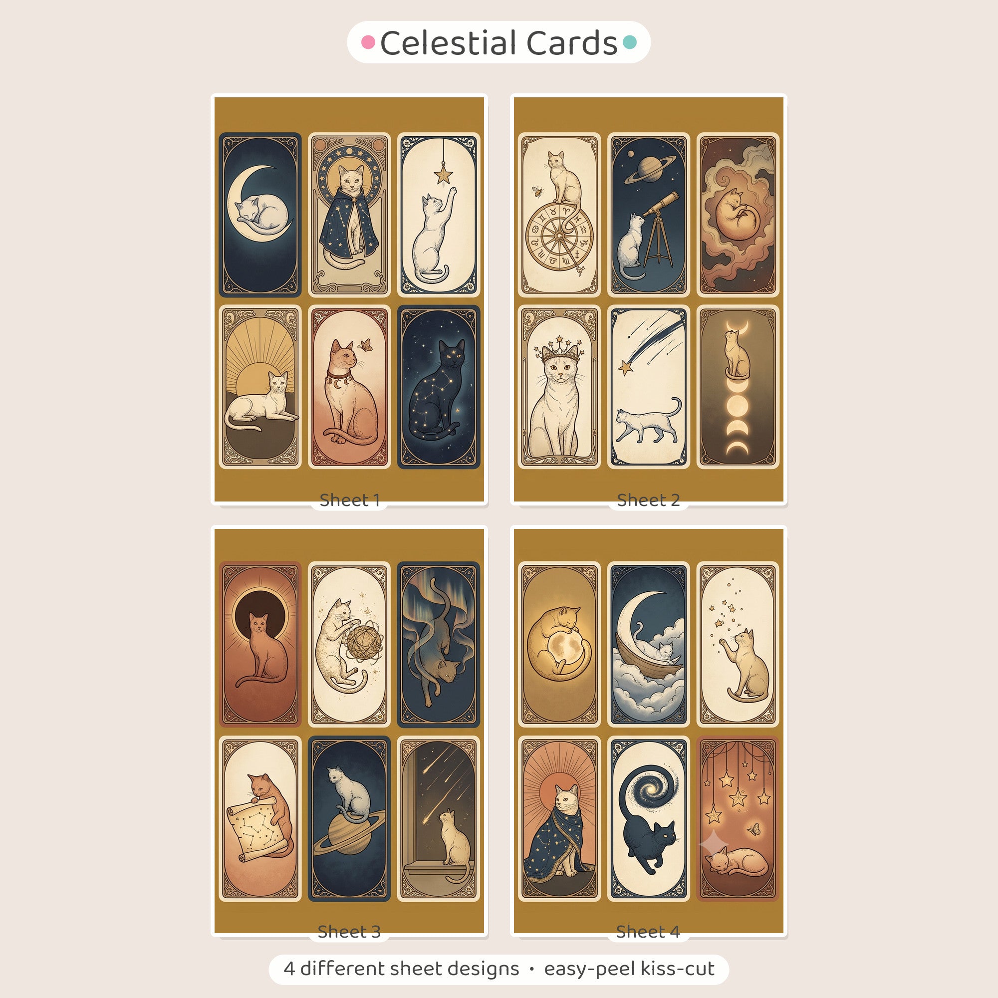 Vintage Celestial Cat Sticker Cards – 4x6 inch Aesthetic Sticker Sheets (Pack of 4) | For Journals, Notebooks, Gift Wraps, Planners, Diaries & More