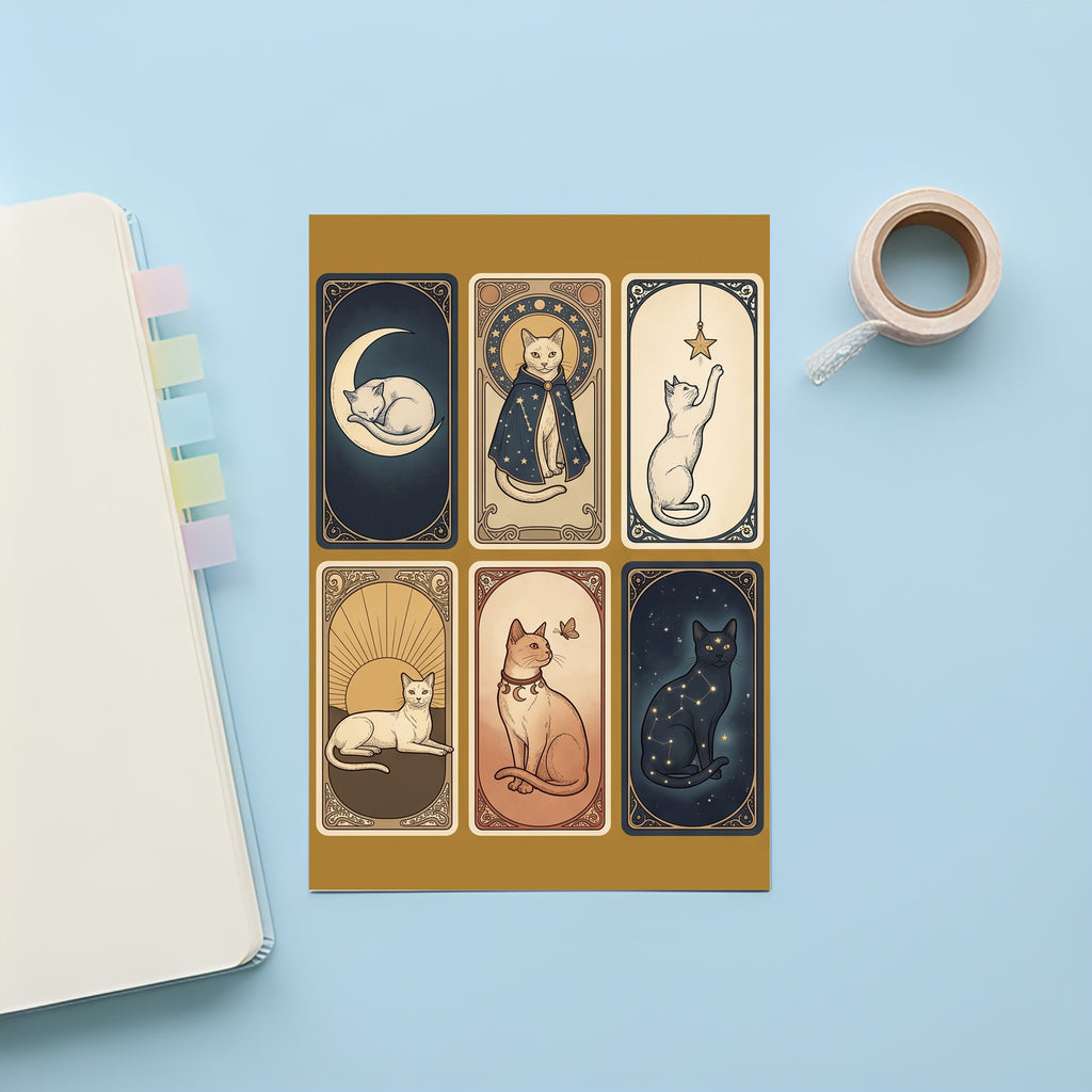 Vintage Celestial Cat Sticker Cards – 4x6 inch Aesthetic Sticker Sheets (Pack of 4) | For Journals, Notebooks, Gift Wraps, Planners, Diaries & More