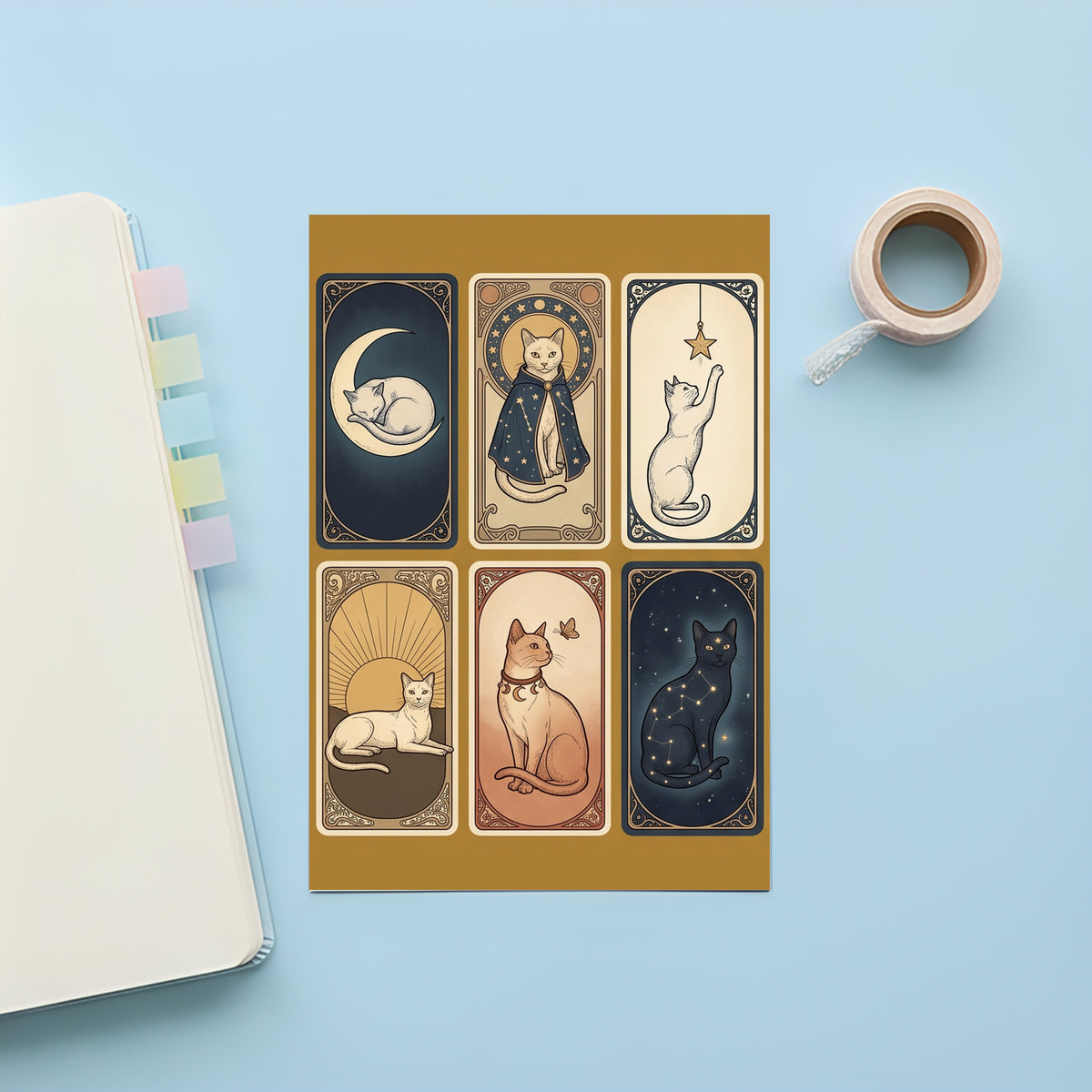 Vintage Celestial Cat Sticker Cards – 4x6 inch Aesthetic Sticker Sheets (Pack of 4) | For Journals, Notebooks, Gift Wraps, Planners, Diaries & More