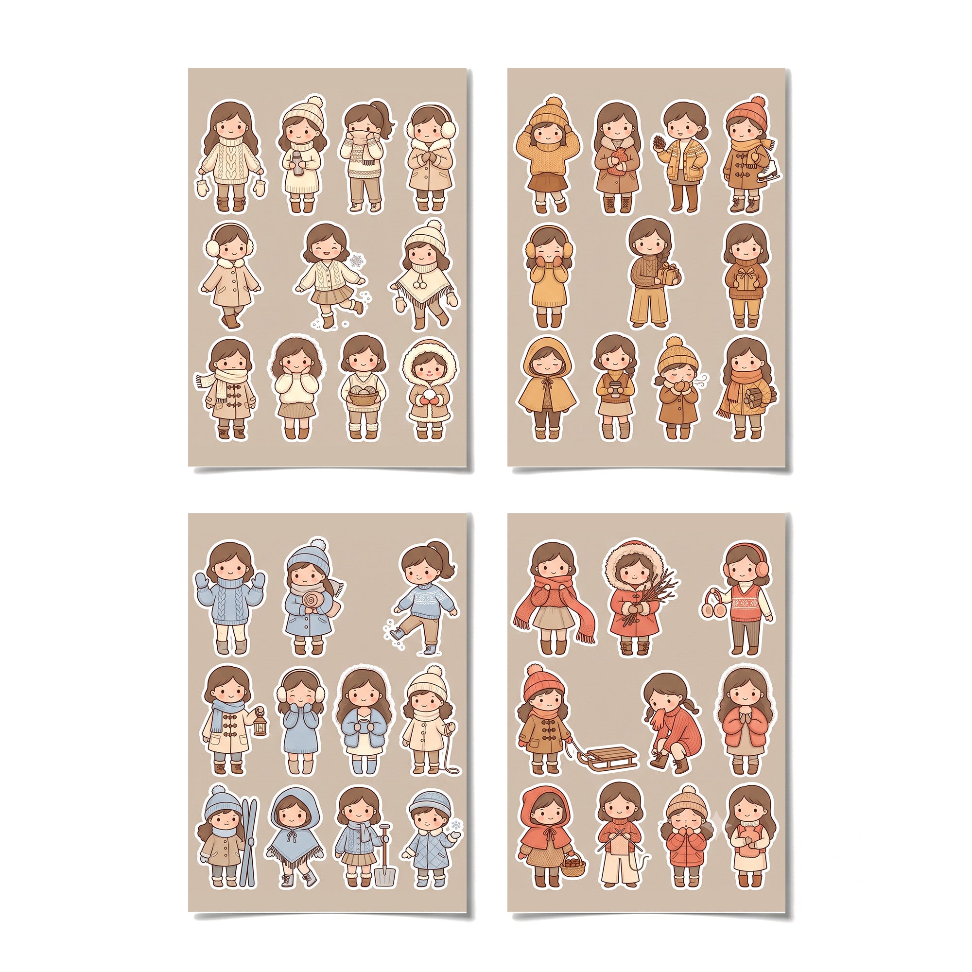 Kawaii Chibi Winter Outfit Stickers – 4x6 inch Cute Sticker Sheets (Pack of 4) | For Journals, Scrapbooks, DIY Gifts, Planners & More