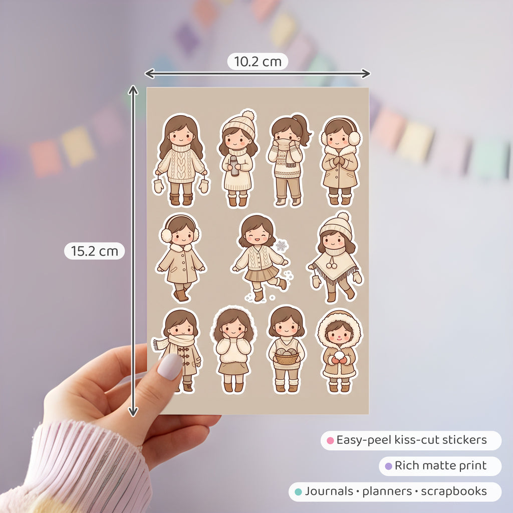 Kawaii Chibi Winter Outfit Stickers – 4x6 inch Cute Sticker Sheets (Pack of 4) | For Journals, Scrapbooks, DIY Gifts, Planners & More