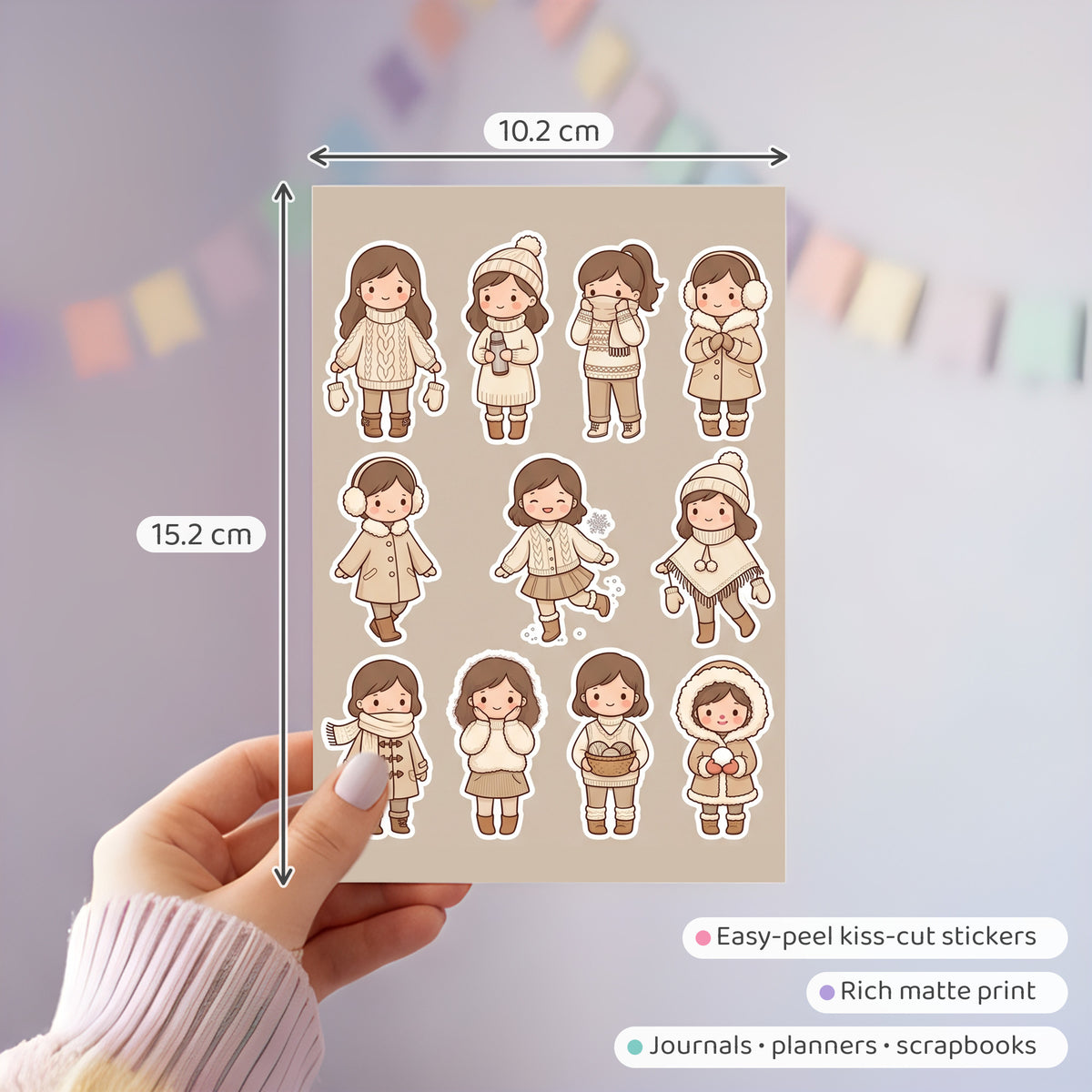 Kawaii Chibi Winter Outfit Stickers – 4x6 inch Cute Sticker Sheets (Pack of 4) | For Journals, Scrapbooks, DIY Gifts, Planners & More