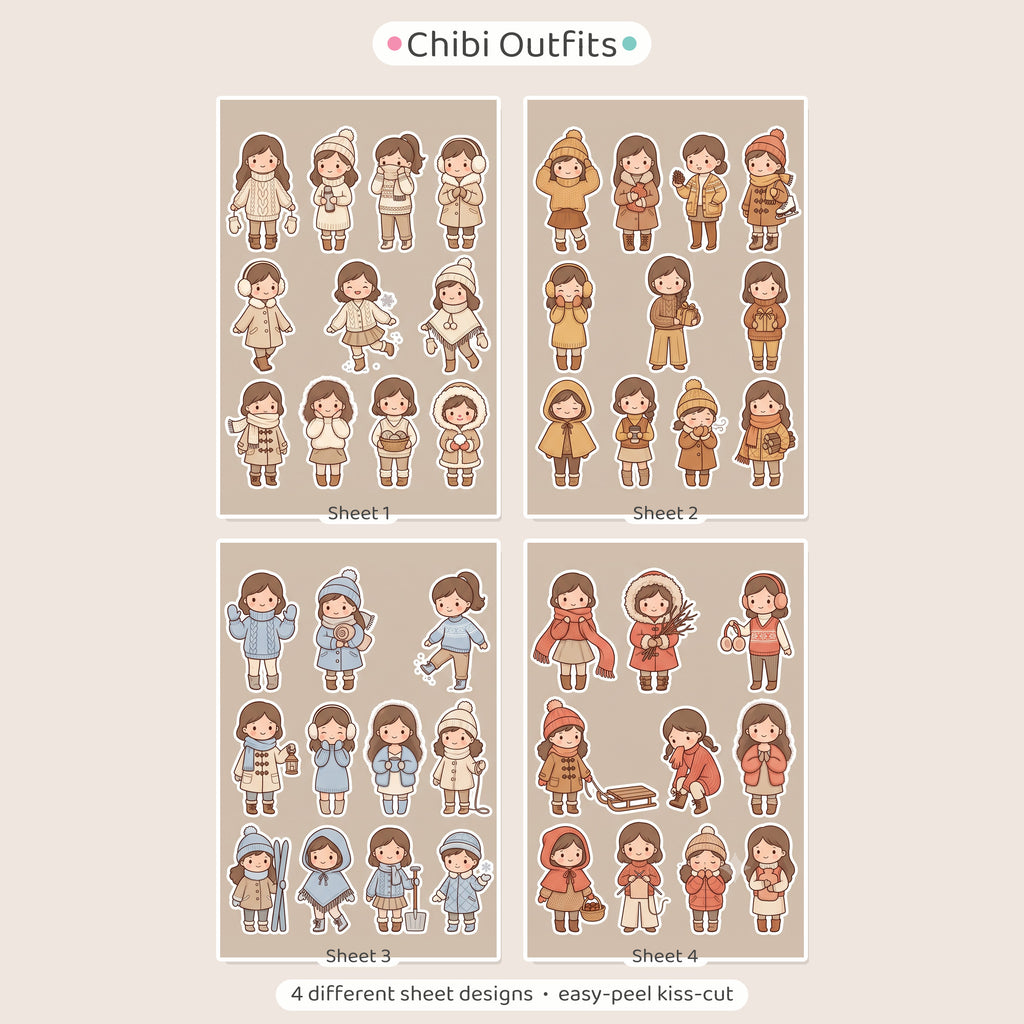 Kawaii Chibi Winter Outfit Stickers – 4x6 inch Cute Sticker Sheets (Pack of 4) | For Journals, Scrapbooks, DIY Gifts, Planners & More
