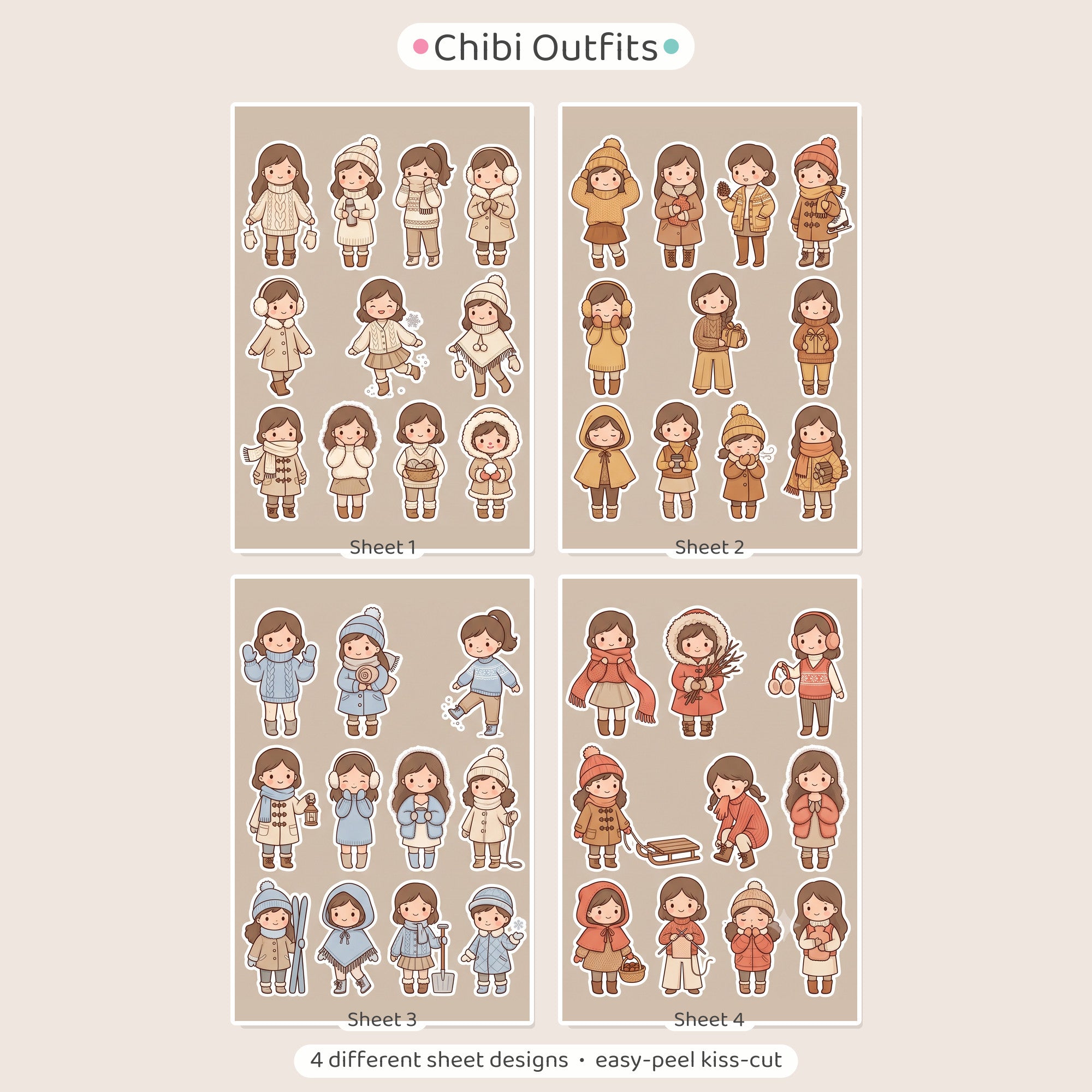 Kawaii Chibi Winter Outfit Stickers – 4x6 inch Cute Sticker Sheets (Pack of 4) | For Journals, Scrapbooks, DIY Gifts, Planners & More