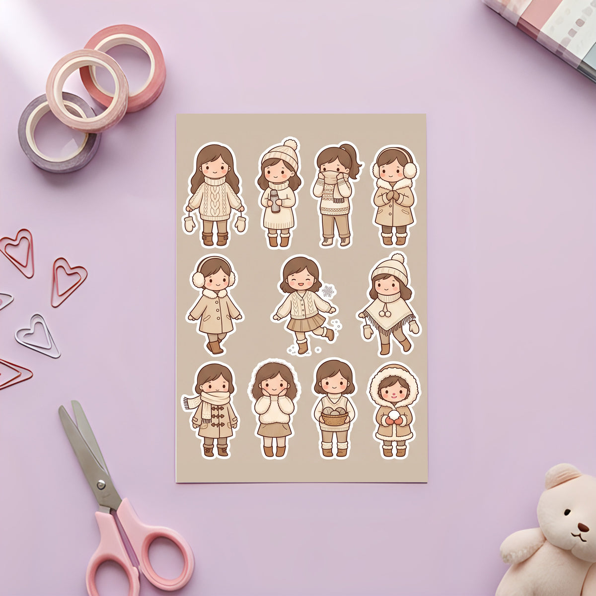 Kawaii Chibi Winter Outfit Stickers – 4x6 inch Cute Sticker Sheets (Pack of 4) | For Journals, Scrapbooks, DIY Gifts, Planners & More