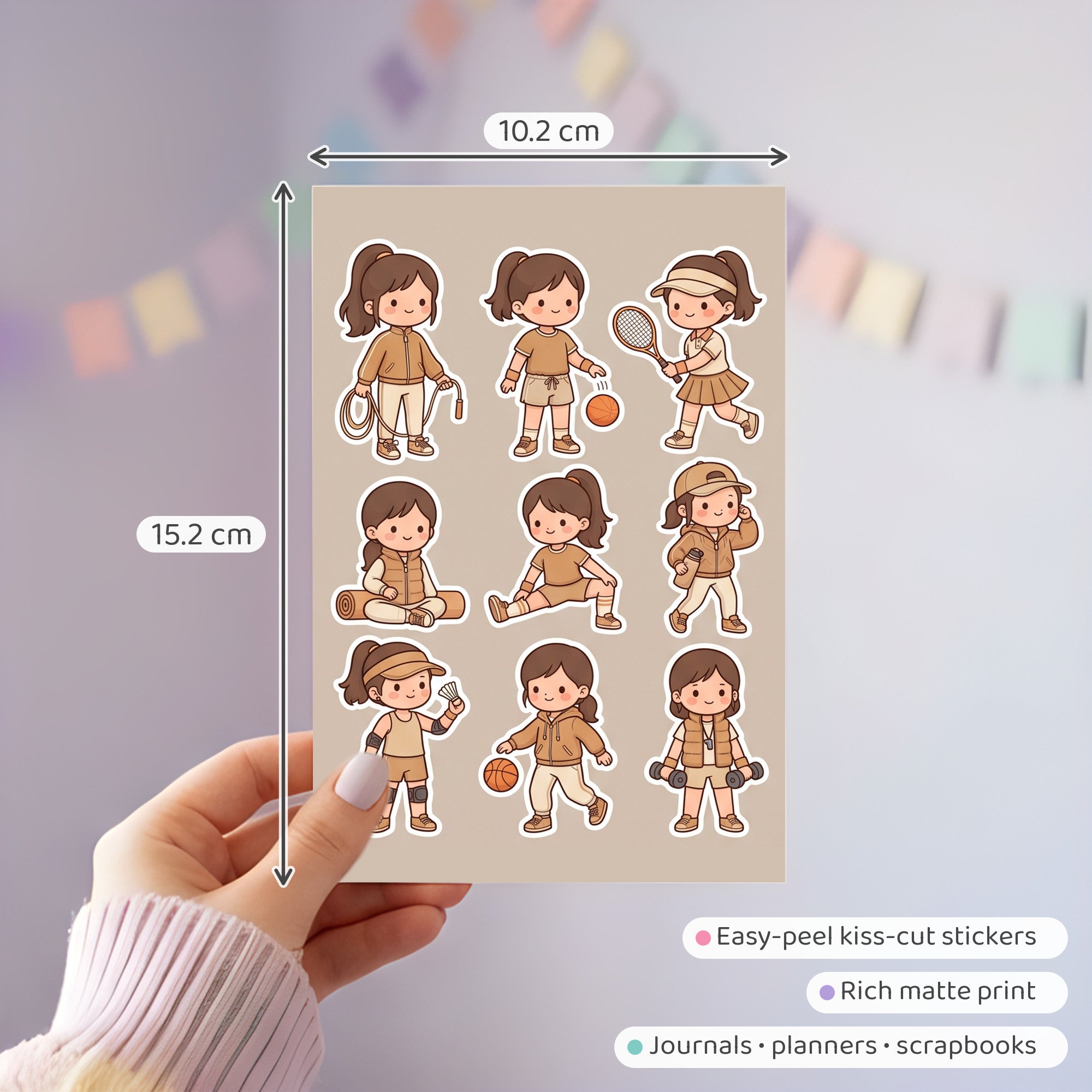 Kawaii Chibi Sporty Girl Stickers – 4x6 inch Aesthetic Sticker Sheets (Pack of 4) | Cute Sporty Outfit Girls for Journals, Planners & School Projects