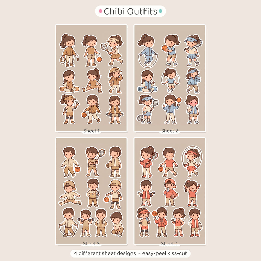 Kawaii Chibi Sporty Girl Stickers – 4x6 inch Aesthetic Sticker Sheets (Pack of 4) | Cute Sporty Outfit Girls for Journals, Planners & School Projects