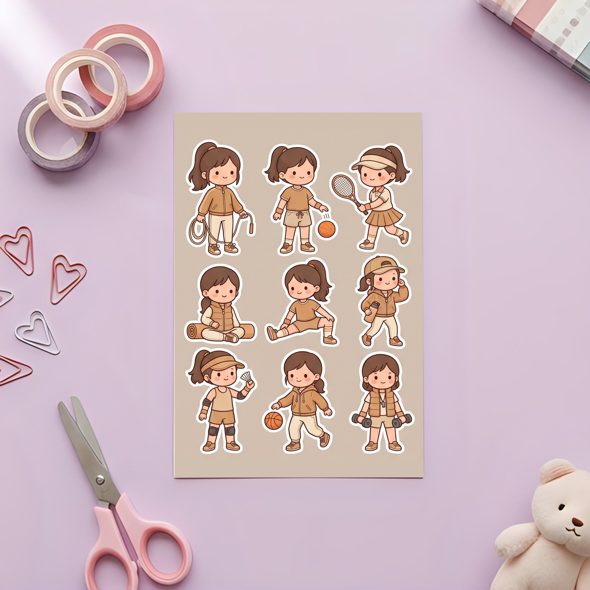 Kawaii Chibi Sporty Girl Stickers – 4x6 inch Aesthetic Sticker Sheets (Pack of 4) | Cute Sporty Outfit Girls for Journals, Planners & School Projects