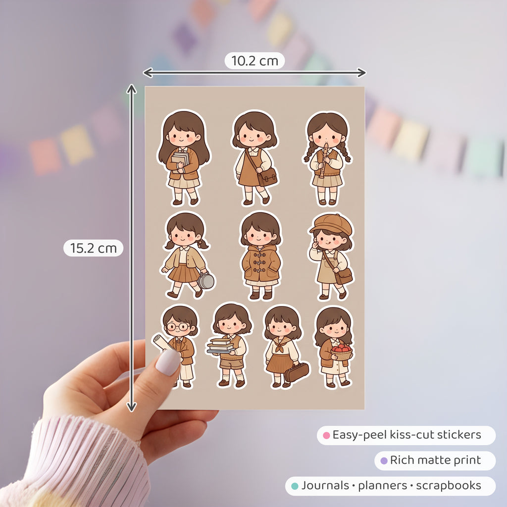 Kawaii Chibi School Girl Stickers – 4x6 inch Cute Sticker Sheets (Pack of 4) | For Journals, Planners, School Projects, Gift Wraps & More