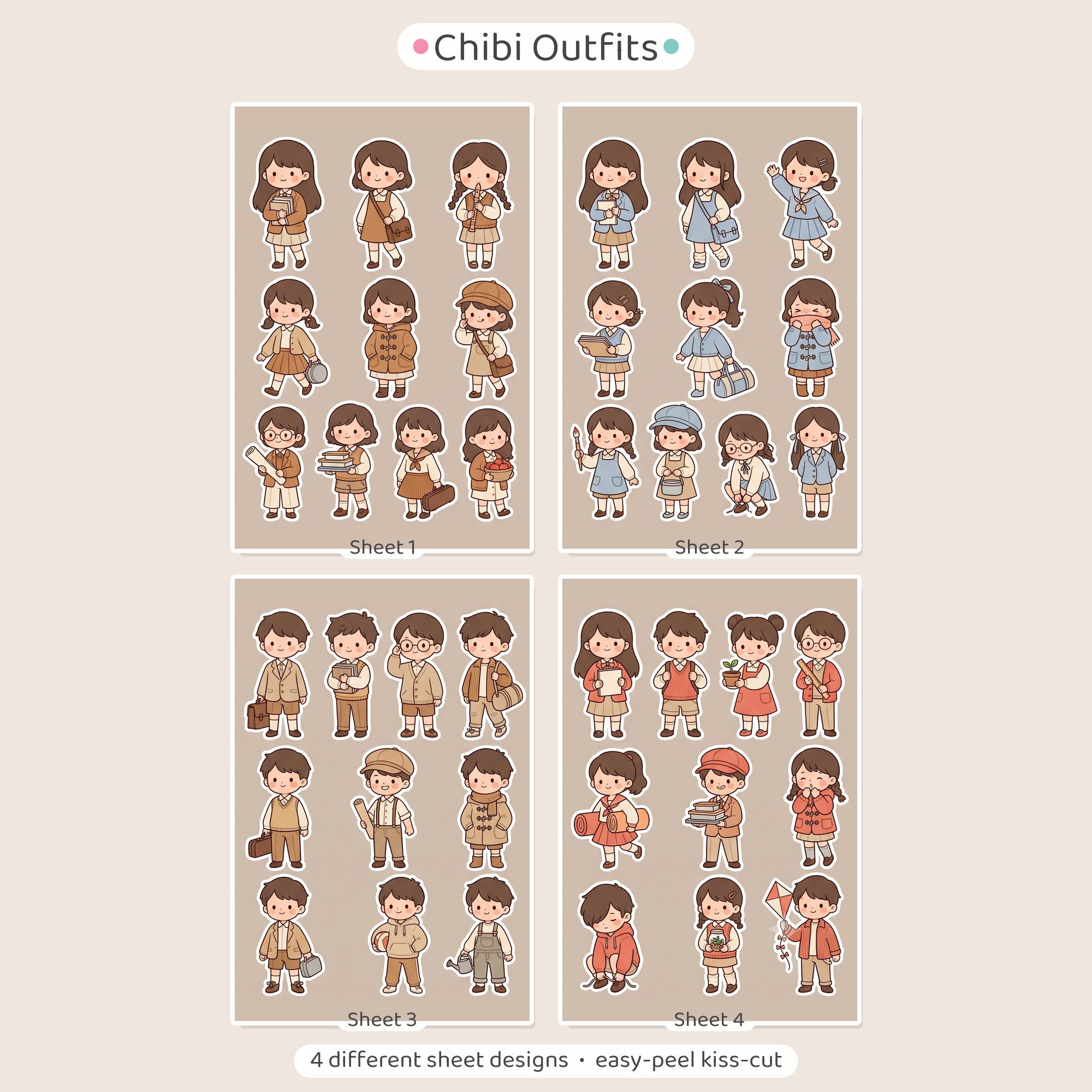 Kawaii Chibi School Girl Stickers – 4x6 inch Cute Sticker Sheets (Pack of 4) | For Journals, Planners, School Projects, Gift Wraps & More
