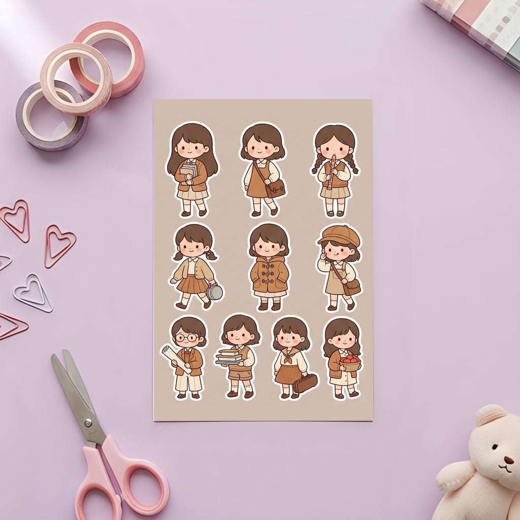 Kawaii Chibi School Girl Stickers – 4x6 inch Cute Sticker Sheets (Pack of 4) | For Journals, Planners, School Projects, Gift Wraps & More
