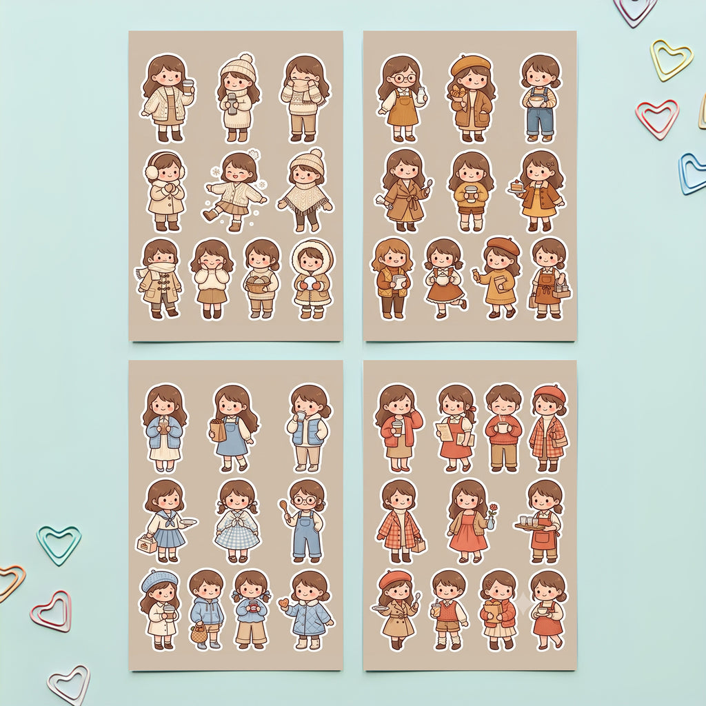 Kawaii Chibi Cafe Girl Stickers – 4x6 inch Aesthetic Sticker Sheets (Pack of 4) | Cute Cafe Outfit Girls for Journals, Planners & DIY Gifts