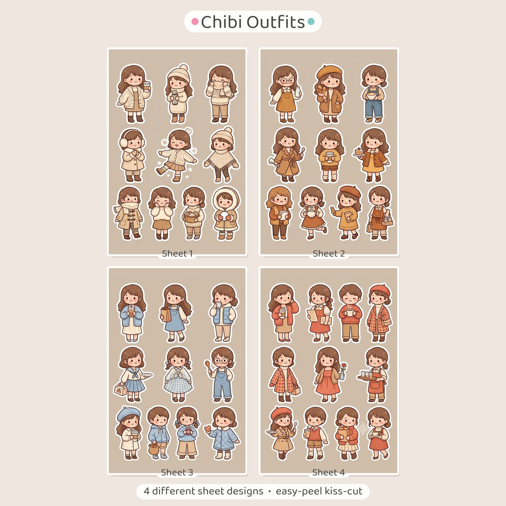 Kawaii Chibi Cafe Girl Stickers – 4x6 inch Aesthetic Sticker Sheets (Pack of 4) | Cute Cafe Outfit Girls for Journals, Planners & DIY Gifts