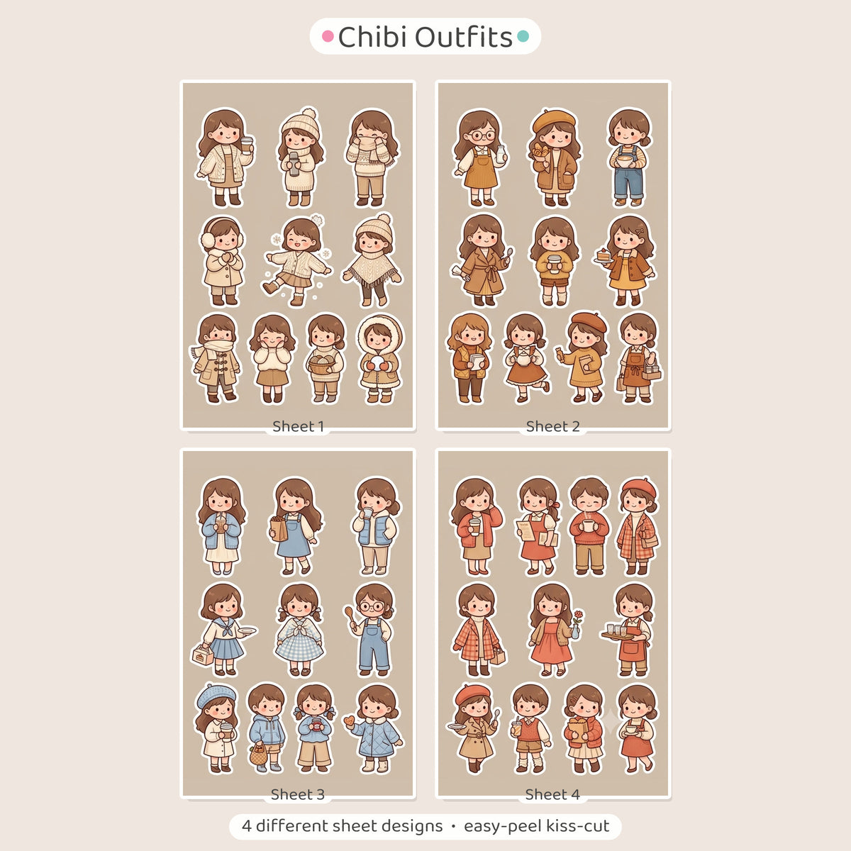 Kawaii Chibi Cafe Girl Stickers – 4x6 inch Aesthetic Sticker Sheets (Pack of 4) | Cute Cafe Outfit Girls for Journals, Planners & DIY Gifts