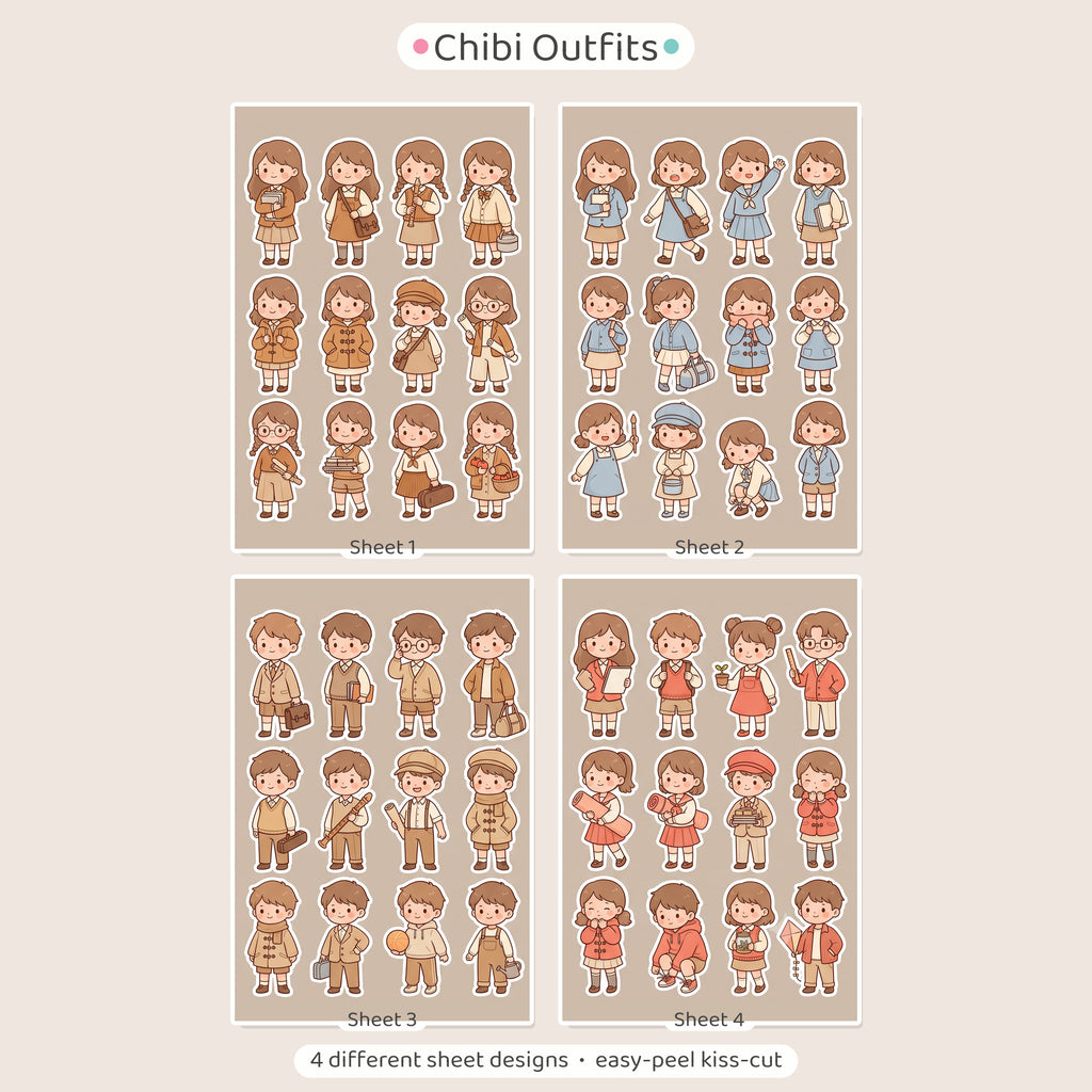 Kawaii Chibi Girl Outfit Stickers – 4x6 inch Cute Sticker Sheets (Pack of 4) | For Journals, Gift Wraps, Notebooks, Scrapbooks & More