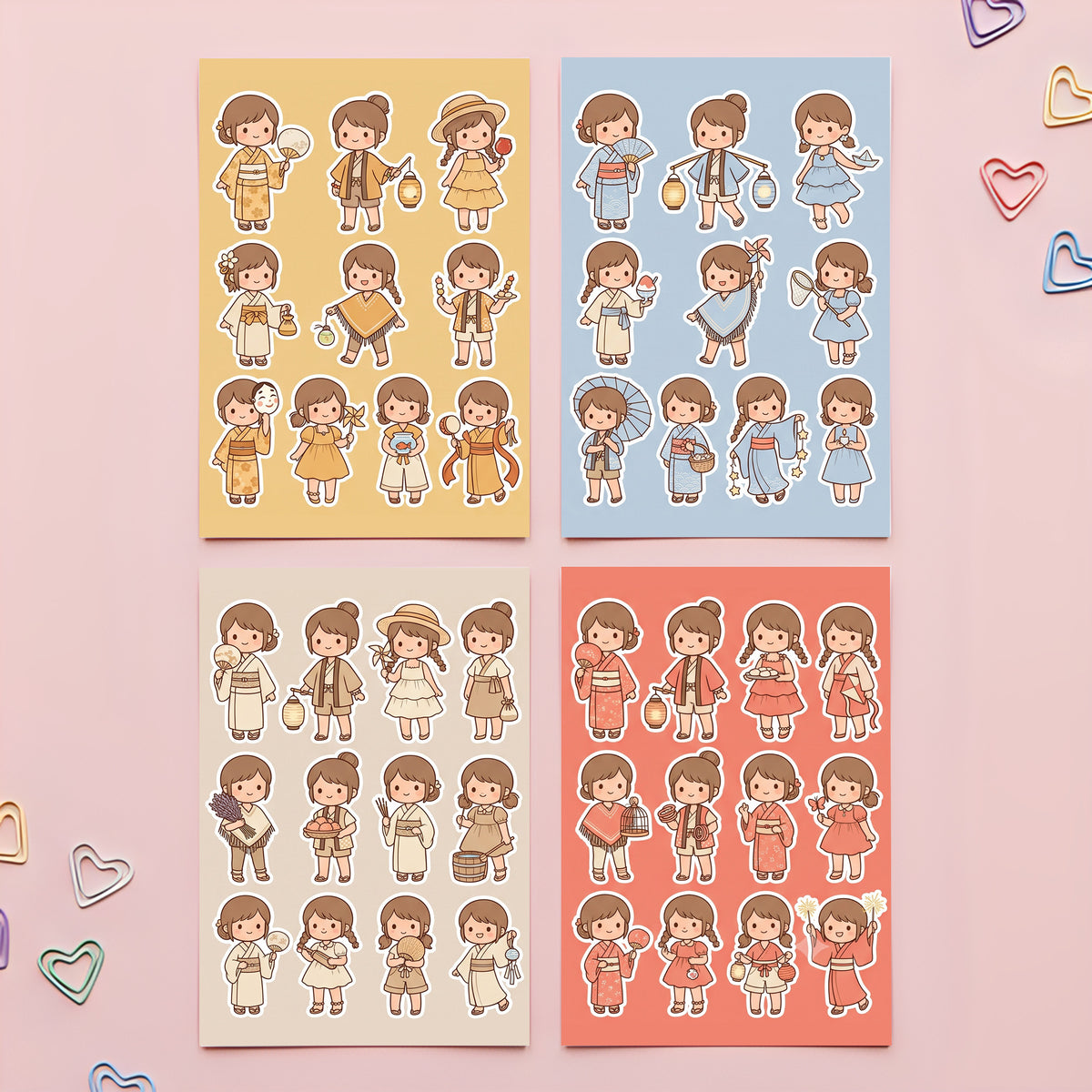 Kawaii Chibi Festival Girl Stickers – 4x6 inch Aesthetic Sticker Sheets (Pack of 4) | For Journals, Notebooks, Scrapbooks, DIY Gifts, Planners & More